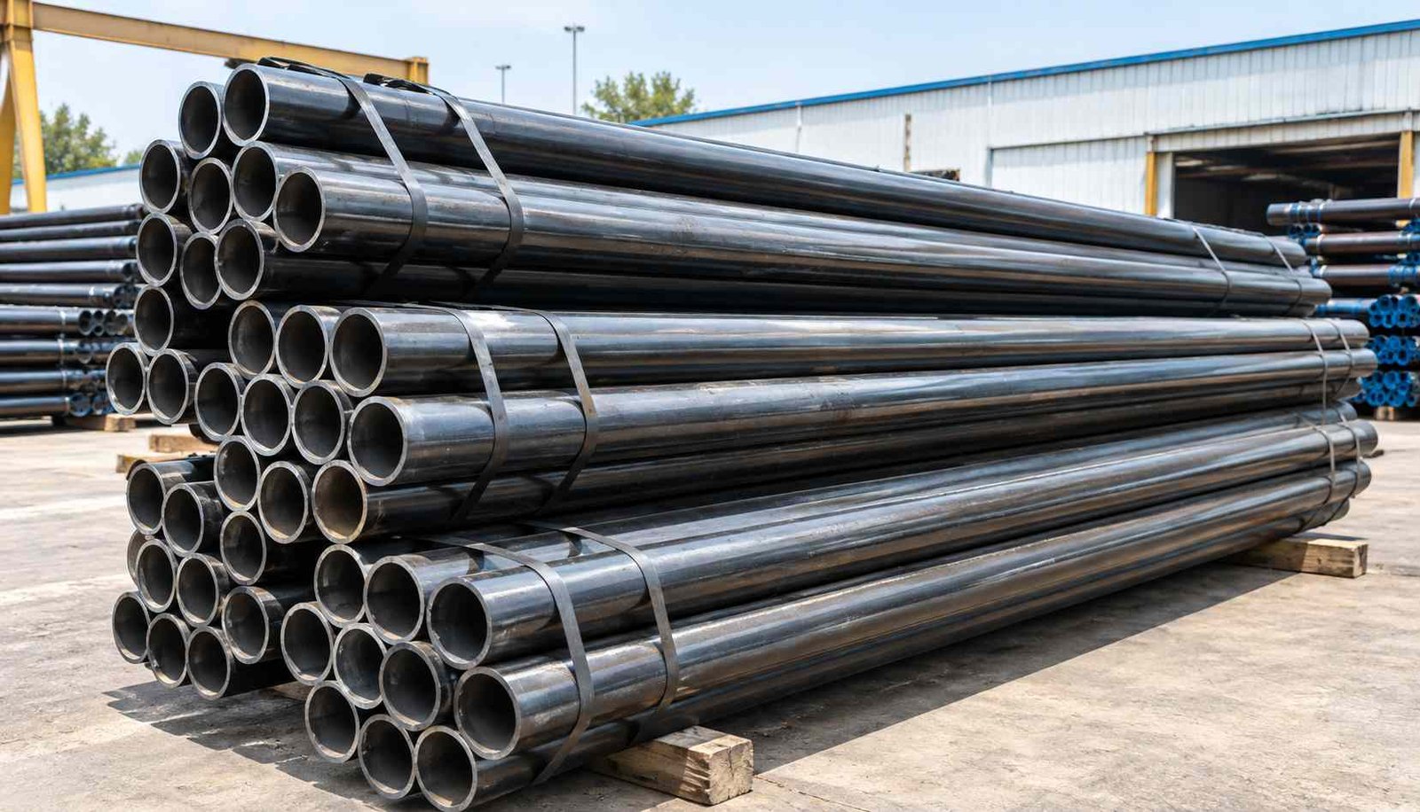 Seamless carbon steel pipes undergoing hydrostatic testing and beveling